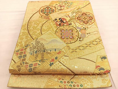 平和屋着物◎六通柄袋帯 唐織 人物風景色紙文 金糸 正絹 逸品 BAAV5177hv