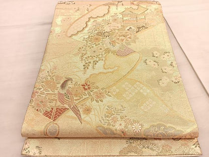平和屋着物◎佐賀錦　六通柄袋帯　鉾花鳥絵巻文　金糸　正絹　逸品　BAAV5220hv