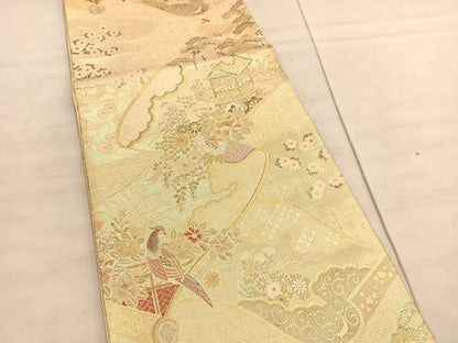 平和屋着物◎佐賀錦　六通柄袋帯　鉾花鳥絵巻文　金糸　正絹　逸品　BAAV5220hv
