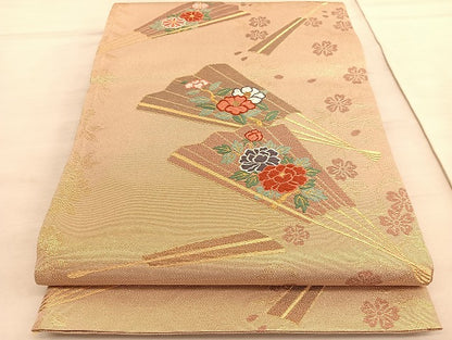 平和屋着物◎六通柄袋帯 唐織 扇面花文 金糸 正絹 逸品 BAAV5223hv
