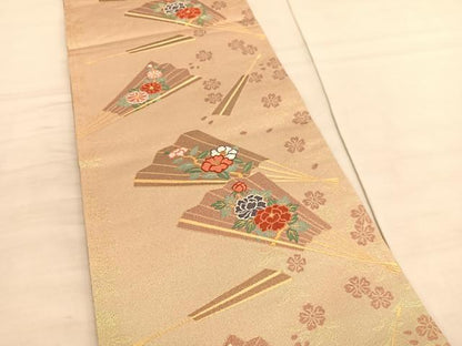 平和屋着物◎六通柄袋帯 唐織 扇面花文 金糸 正絹 逸品 BAAV5223hv