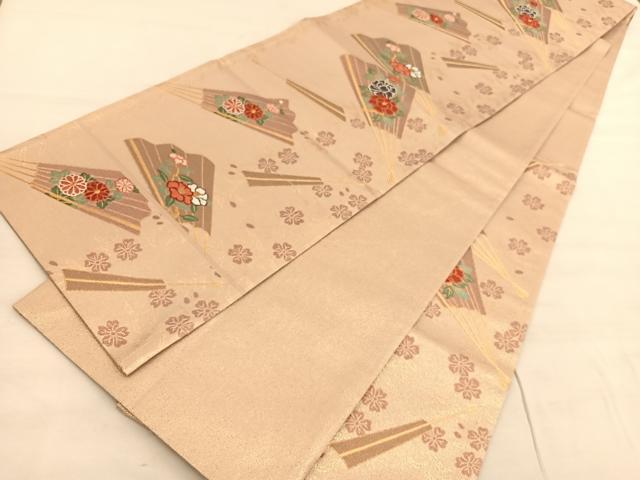 平和屋着物◎六通柄袋帯 唐織 扇面花文 金糸 正絹 逸品 BAAV5223hv