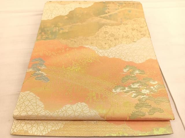 平和屋着物◎西陣 服部織物謹製 六通柄袋帯 こはく錦 手工芸 京名所風景文 金糸 正絹 逸品 BAAV5231hv