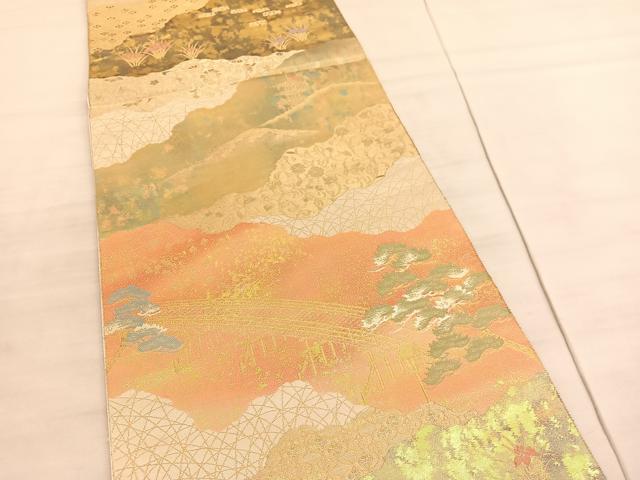 平和屋着物◎西陣 服部織物謹製 六通柄袋帯 こはく錦 手工芸 京名所風景文 金糸 正絹 逸品 BAAV5231hv