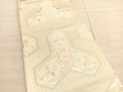 平和屋着物◎六通柄袋帯 唐織 毘沙門亀甲花文 銀糸 正絹 逸品 BAAV5234hv