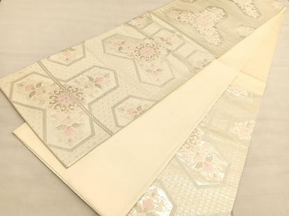 平和屋着物◎六通柄袋帯 唐織 毘沙門亀甲花文 銀糸 正絹 逸品 BAAV5234hv