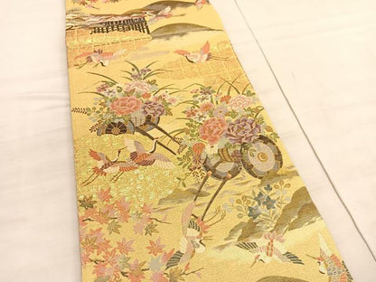 平和屋着物◎六通柄袋帯　飛鶴花車文　金糸　正絹　逸品　BAAV5260hv