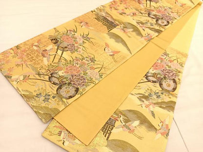 平和屋着物◎六通柄袋帯　飛鶴花車文　金糸　正絹　逸品　BAAV5260hv