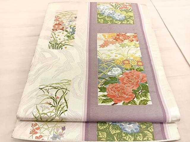 平和屋着物◎六通柄袋帯　唐織　四季の花競　金銀糸　正絹　逸品　BAAV5262hv