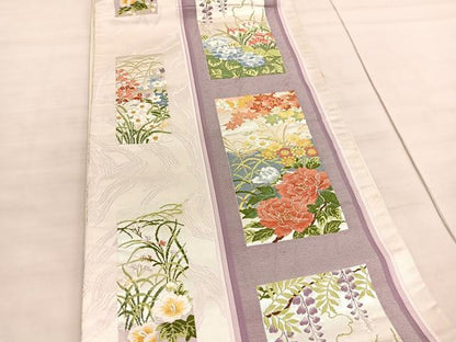 平和屋着物◎六通柄袋帯　唐織　四季の花競　金銀糸　正絹　逸品　BAAV5262hv