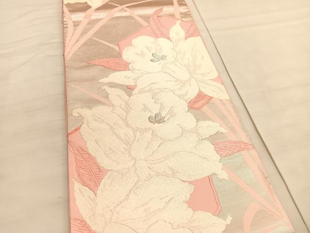 平和屋着物◎六通柄袋帯　唐織　カトレア　銀糸　正絹　逸品　BAAV5264hv