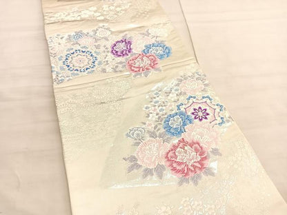 平和屋着物◎六通柄袋帯　唐織　扇面取牡丹小花文　銀糸　正絹　逸品　BAAV5270hv
