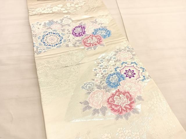 平和屋着物◎六通柄袋帯　唐織　扇面取牡丹小花文　銀糸　正絹　逸品　BAAV5270hv