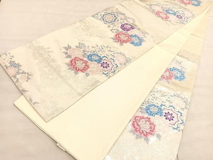 平和屋着物◎六通柄袋帯　唐織　扇面取牡丹小花文　銀糸　正絹　逸品　BAAV5270hv