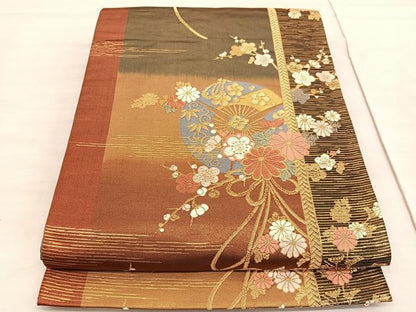 平和屋着物◎六通柄袋帯　唐織　扇面笹梅花文　金糸　正絹　逸品　BAAV5272hv