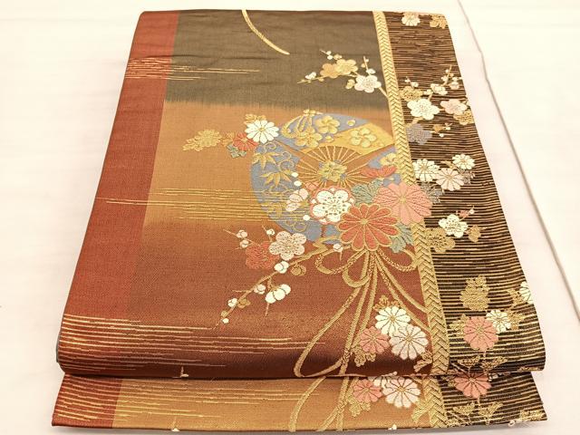 平和屋着物◎六通柄袋帯　唐織　扇面笹梅花文　金糸　正絹　逸品　BAAV5272hv