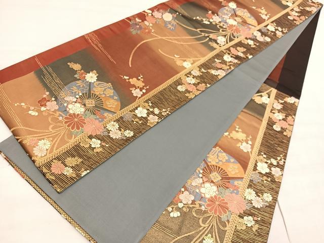 平和屋着物◎六通柄袋帯　唐織　扇面笹梅花文　金糸　正絹　逸品　BAAV5272hv