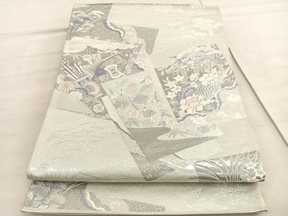 平和屋着物◎六通柄袋帯　唐織　松竹梅　色紙重ね花鳥文　プラチナ箔九百錦　正絹　逸品　BAAV5299hv