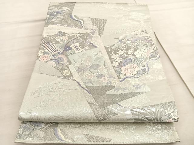 平和屋着物◎六通柄袋帯　唐織　松竹梅　色紙重ね花鳥文　プラチナ箔九百錦　正絹　逸品　BAAV5299hv