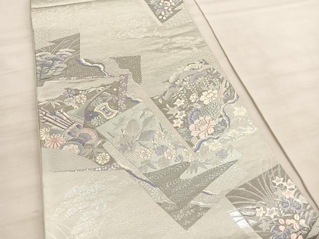 平和屋着物◎六通柄袋帯　唐織　松竹梅　色紙重ね花鳥文　プラチナ箔九百錦　正絹　逸品　BAAV5299hv