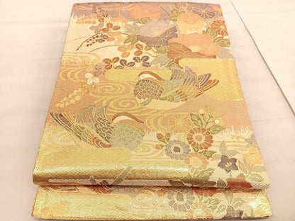 平和屋着物◎佐賀錦　六通柄袋帯　流水鴛鴦花文　金糸　正絹　逸品　BAAV5306hv