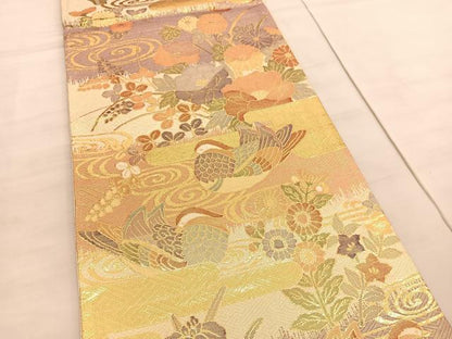 平和屋着物◎佐賀錦　六通柄袋帯　流水鴛鴦花文　金糸　正絹　逸品　BAAV5306hv