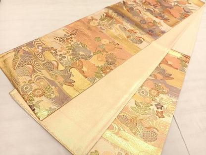 平和屋着物◎佐賀錦　六通柄袋帯　流水鴛鴦花文　金糸　正絹　逸品　BAAV5306hv