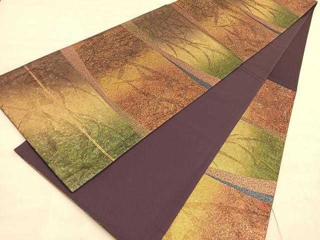 平和屋着物◎六通柄袋帯　草葉文　ふくれ織　金糸　正絹　逸品　BAAV5309hv