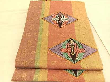 平和屋着物◎六通柄袋帯　唐織　ふくれ織　双鶴文　金糸　正絹　逸品　未使用　BAAV5310hv