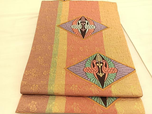 平和屋着物◎六通柄袋帯　唐織　ふくれ織　双鶴文　金糸　正絹　逸品　未使用　BAAV5310hv