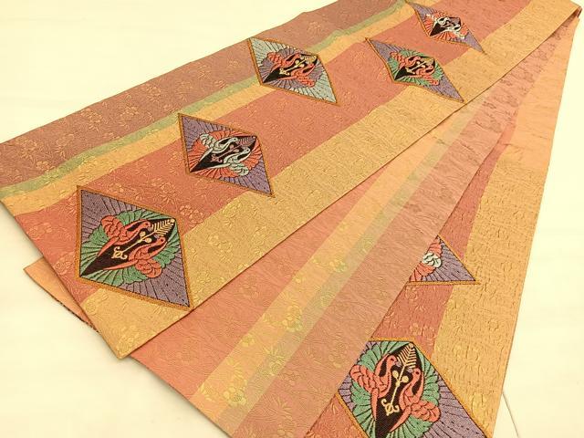 平和屋着物◎六通柄袋帯　唐織　ふくれ織　双鶴文　金糸　正絹　逸品　未使用　BAAV5310hv