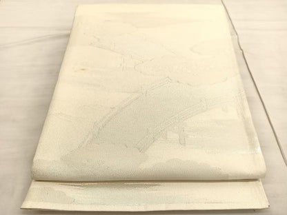 平和屋着物◎六通柄袋帯　雲取り渡橋文　銀糸　正絹　逸品　BAAV5321hv