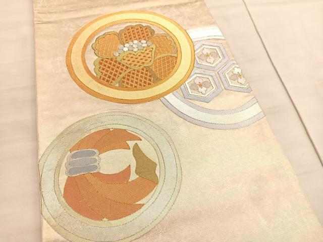 平和屋着物◎太鼓柄袋帯　駒刺繍　束ね熨斗花丸文　金銀糸　引箔　正絹　逸品　BAAV5323hv