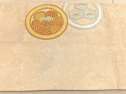 平和屋着物◎太鼓柄袋帯　駒刺繍　束ね熨斗花丸文　金銀糸　引箔　正絹　逸品　BAAV5323hv