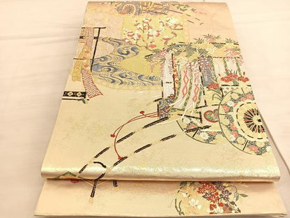 平和屋着物◎六通柄袋帯　唐織　瑞光綴織　御所車屏風花文　金糸　正絹　逸品　BAAV5333hv