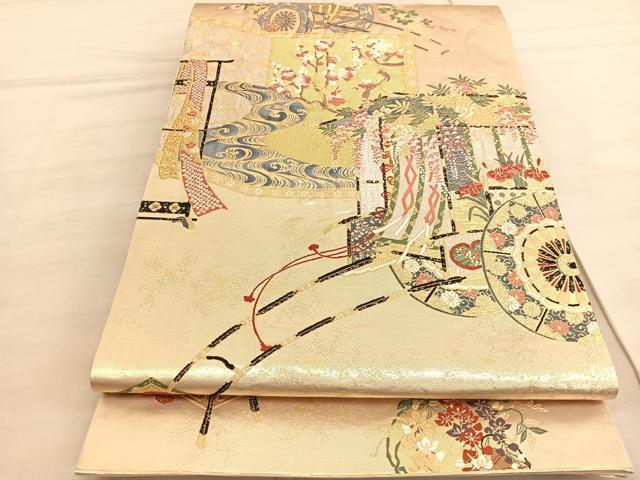 平和屋着物◎六通柄袋帯　唐織　瑞光綴織　御所車屏風花文　金糸　正絹　逸品　BAAV5333hv