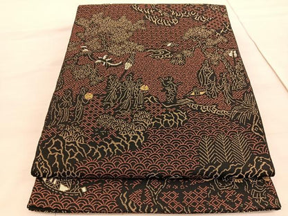 平和屋着物●六通柄　本袋帯　唐織　押朱仙遊図　黒地　金糸　正絹　逸品　BAAV5356hv