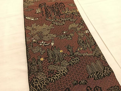 平和屋着物●六通柄　本袋帯　唐織　押朱仙遊図　黒地　金糸　正絹　逸品　BAAV5356hv
