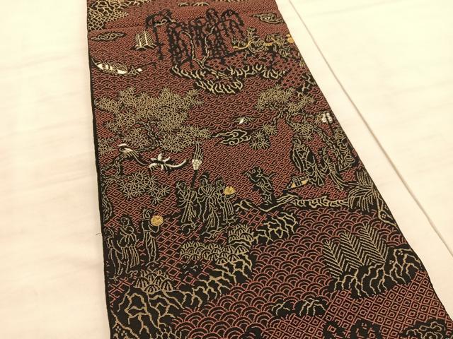 平和屋着物●六通柄　本袋帯　唐織　押朱仙遊図　黒地　金糸　正絹　逸品　BAAV5356hv