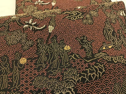 平和屋着物●六通柄　本袋帯　唐織　押朱仙遊図　黒地　金糸　正絹　逸品　BAAV5356hv