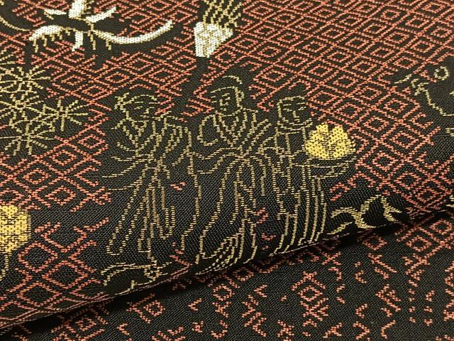 平和屋着物●六通柄　本袋帯　唐織　押朱仙遊図　黒地　金糸　正絹　逸品　BAAV5356hv