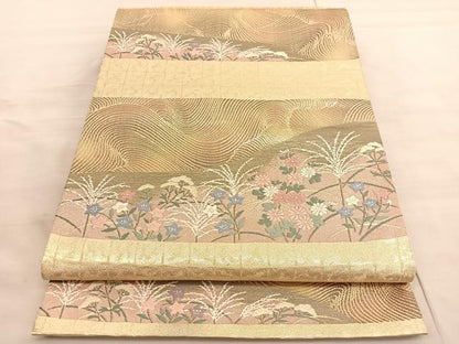 平和屋着物◎六通柄袋帯 唐織 立波花文 金糸 正絹 逸品 BAAV5434hv