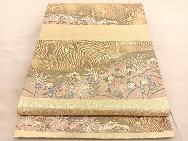 平和屋着物◎六通柄袋帯 唐織 立波花文 金糸 正絹 逸品 BAAV5434hv
