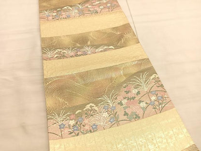 平和屋着物◎六通柄袋帯 唐織 立波花文 金糸 正絹 逸品 BAAV5434hv