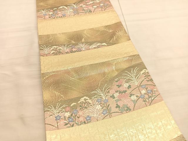 平和屋着物◎六通柄袋帯 唐織 立波花文 金糸 正絹 逸品 BAAV5434hv