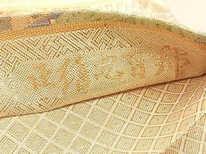 平和屋着物◎宝珠本佐賀錦　六通柄袋帯　九百錦　几帳孔雀花車文　金糸　正絹　逸品　BAAV5447hv