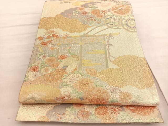 平和屋着物◎宝珠本佐賀錦　六通柄袋帯　九百錦　几帳孔雀花車文　金糸　正絹　逸品　BAAV5447hv