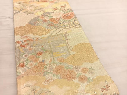 平和屋着物◎宝珠本佐賀錦　六通柄袋帯　九百錦　几帳孔雀花車文　金糸　正絹　逸品　BAAV5447hv