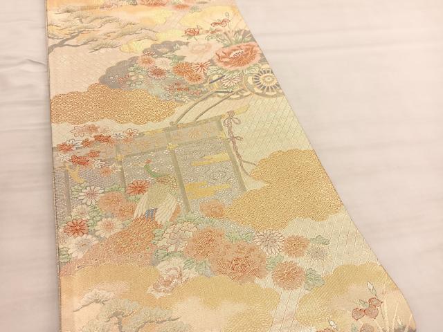 平和屋着物◎宝珠本佐賀錦　六通柄袋帯　九百錦　几帳孔雀花車文　金糸　正絹　逸品　BAAV5447hv