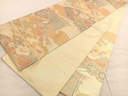 平和屋着物◎宝珠本佐賀錦　六通柄袋帯　九百錦　几帳孔雀花車文　金糸　正絹　逸品　BAAV5447hv